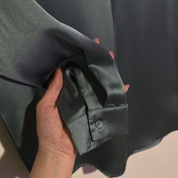 PLEIONE | Anthropologie Dusty Blue Long Sleeve Polo Satin Blouse - Picture 9 of 13